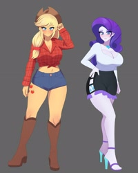 Size: 1280x1600 | Tagged: safe, artist:masterdestroyzj, applejack, rarity, human, equestria girls, g4, belly, belly button, big breasts, blushing, boots, breasts, busty applejack, busty rarity, cleavage, clothes, cutie mark on equestria girl, denim, denim shorts, duo, duo female, female, front knot midriff, gray background, high heel sandals, high heels, huge breasts, midriff, sandals, shoes, shorts, simple background