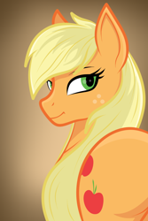 Size: 1000x1500 | Tagged: safe, ai assisted, ai content, artist:rugalack moonstar, applejack, earth pony, pony, g4, applebutt, butt, female, freckles, gradient background, hatless, looking back, mare, missing accessory, plot, solo