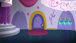 Size: 1000x563 | Tagged: safe, screencap, canterlot boutique, g4, season 5, banner, canterlot carousel, clothes, curtains, door, dress, interior, no pony, princess dress, reign in stain, rug