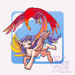 Size: 2166x2166 | Tagged: safe, artist:overlordneon, philomena, oc, oc:nova dawn, alicorn, phoenix, pony, duo, duo female, female, flying, high res, looking up, magical lesbian spawn, mare, offspring, open mouth, open smile, parent:sunset shimmer, parent:twilight sparkle, parents:sunsetsparkle, simple background, smiling, spread wings, white background, wings