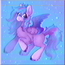 Size: 1500x1500 | Tagged: safe, artist:iridescentclaws, oc, oc only, oc:lavender dawn, pegasus, pony, g4, female, glittery, gradient hooves, grainy, mare, pastel, purple fur, solo, sparkles, sparkling mane, sparkly, sparkly eyes, sparkly mane, sparkly tail, sparkly wings, stars, tail, unshorn fetlocks, vhs, wingding eyes, wings