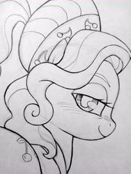 Size: 3072x4096 | Tagged: safe, artist:public mistake, cherry jubilee, earth pony, pony, g4, bedroom eyes, blushing, female, grayscale, looking at you, looking back, looking back at you, mare, monochrome, pencil drawing, smiling, smiling at you, solo, traditional art, wip