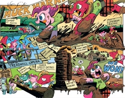 Size: 1013x790 | Tagged: safe, artist:andy price, idw, official comic, big macintosh, cha cha, pinkie pie, alligator, beaver, earth pony, llama, pony, snake, friendship is magic #76, g1, g4, my little pony: the movie, spoiler:comic, bicycle, contest, eating, event, female, food, log, male, mare, mud, muddy, penny-farthing, pica, pie, pony friends, riding, stallion, swimming, unicycle