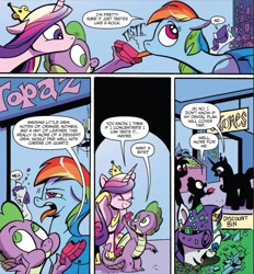 Size: 1021x1099 | Tagged: safe, artist:andy price, idw, official comic, princess cadance, rainbow dash, rarity, spike, alicorn, dragon, pony, unicorn, g4, crystal, eating, gem, horn, licking, object vore, tongue out, wingless spike