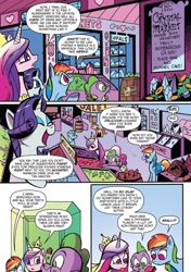 Size: 1016x1442 | Tagged: safe, artist:andy price, idw, official comic, princess cadance, rainbow dash, rarity, spike, alicorn, dragon, pony, unicorn, g4, eating, gem, horn, male, market, object vore, tongue out, wingless spike