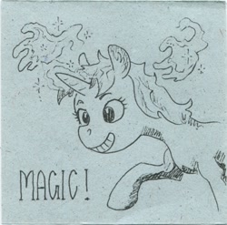 Size: 522x516 | Tagged: safe, artist:adeptus-monitus, lyra heartstrings, pony, unicorn, g4, grayscale, hand, horn, magic, magic hands, monochrome, smiling, solo, traditional art