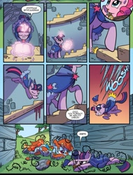 Size: 959x1259 | Tagged: safe, artist:kate sherron, idw, official comic, pinkie pie, rainbow dash, twilight sparkle, alicorn, earth pony, pegasus, pony, g4, spoiler:comic, spoiler:comic80, magic, male, spikes, stairs, telekinesis, trap (device), trapped