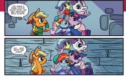 Size: 967x591 | Tagged: safe, artist:kate sherron, idw, official comic, applejack, fluttershy, rainbow dash, rarity, twilight sparkle, alicorn, earth pony, pegasus, pony, unicorn, g4, spoiler:comic, spoiler:comic80, horn, hug, unamused