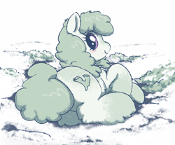 Size: 2855x2361 | Tagged: safe, artist:anonymous, oc, oc only, oc:lichen, earth pony, pony, yakutian horse, green coat, lying down, purple eyes, rear view, smiling, solo