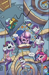 Size: 1014x1559 | Tagged: safe, artist:kate sherron, idw, official comic, applejack, fluttershy, pinkie pie, rainbow dash, rarity, twilight sparkle, alicorn, earth pony, pegasus, pony, unicorn, g4, spoiler:comic, spoiler:comic80, book, crossbow, horn, lasso, magic, rope, stairs, telekinesis, weapon