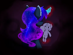 Size: 2084x1585 | Tagged: safe, artist:magnaluna, princess celestia, princess luna, alicorn, pony, g4, curved horn, ear fluff, ethereal mane, female, galaxy mane, glowing, glowing horn, horn, mare, simple background, solo, voodoo doll