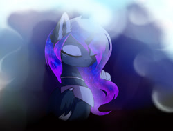 Size: 2084x1585 | Tagged: safe, artist:magnaluna, princess celestia, princess luna, alicorn, pony, g4, collar, curved horn, ear fluff, ethereal mane, eyes closed, female, folded wings, galaxy mane, horn, mare, peytral, solo, voodoo doll, wings