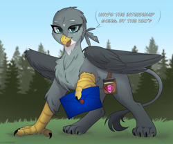 Size: 2891x2400 | Tagged: safe, artist:enderbee, gabby, griffon, g4, bag, claws, commission, female, forest background, letter, offscreen character, paws, pov, solo, text