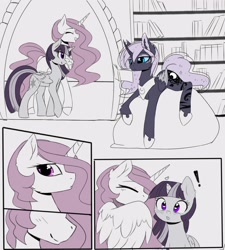Size: 1600x1775 | Tagged: safe, artist:magnaluna, princess celestia, princess luna, twilight sparkle, alicorn, pony, g4, :o, book, bookshelf, cheek fluff, comic, curved horn, ear fluff, exclamation point, eyes closed, female, folded wings, grin, heart, hoof shoes, horn, indoors, lesbian, lying down, mare, open mouth, peytral, polyamory, princess shoes, prone, reading, ship:twilestia, ship:twiluna, ship:twilunestia, shipping, smiling, tail, trio, trio female, twilight sparkle (alicorn), wings