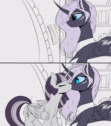 Size: 1600x1819 | Tagged: safe, artist:magnaluna, princess luna, twilight sparkle, alicorn, pony, g4, book, bookshelf, cheek fluff, comic, curved horn, duo, duo female, ear fluff, eyes closed, female, folded wings, horn, indoors, kiss on the lips, kissing, lesbian, lesbian kiss, lying down, mare, peytral, prone, reading, ship:twiluna, shipping, surprise kiss, tail, twilight sparkle (alicorn), wings