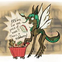 Size: 956x956 | Tagged: safe, artist:emptygoldstudio, ocellus, queen chrysalis, changeling, changeling queen, g4, alternate design, alternate universe, concave belly, dialogue, duo, duo female, female, food, grocery shopping, insectoid, juice, juice box, levitation, long legs, magic, meat, mommy chrissy, mother and child, mother and daughter, pre changedling ocellus, shopping cart, skinny, tall, telekinesis, thin