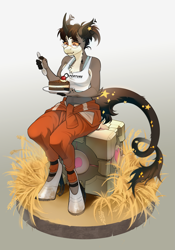 Size: 1993x2845 | Tagged: safe, artist:djkaskan, unicorn, anthro, unguligrade anthro, cake, chell, clothes, commission, companion cube, cube, food, gradient background, horn, jumpsuit, leonine tail, portal (valve), portal 2, solo, tail