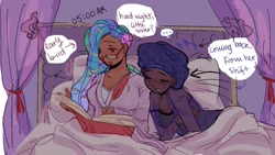 Size: 1377x774 | Tagged: safe, artist:dulcesilly, princess celestia, princess luna, human, g4, ..., bed, bonnet, breasts, cleavage, dark skin, dialogue, dreadlocks, duo, duo female, female, glasses, hat, humanized, in bed, nightcap, no sclera, quill, reading, royal sisters, siblings, sisters, sleeping, writing