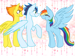 Size: 1024x768 | Tagged: safe, artist:georgina45, rainbow dash, soarin', spitfire, pegasus, pony, g4, bisexual, blushing, cute, dashabetes, female, lesbian, male, polyamory, ship:soarindash, ship:soarindashfire, ship:soarinfire, ship:spitdash, shipping, straight, trio