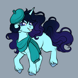 Size: 1280x1280 | Tagged: safe, artist:malinraf1615, oc, oc only, oc:lily, pony, unicorn, beret, blank flank, blue coat, blue eyes, blue hooves, butt fluff, clothes, colored hooves, eyelashes, gradient eyes, gradient mane, gradient tail, hat, hock fluff, hooves, horn, long mane, long tail, looking at you, ponysona, raised hoof, raised leg, scarf, smiling, smiling at you, solo, standing on two hooves, tail, teal coat, unicorn oc, unshorn fetlocks