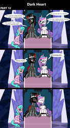 Size: 1920x3516 | Tagged: safe, artist:platinumdrop, aquamarine, king sombra, princess flurry heart, alicorn, earth pony, pony, unicorn, comic:dark heart, g4, 3 panel comic, abuse, alternate timeline, armor, avoiding eye contact, blushing, chains, collar, comic, commission, crystal, crystal castle, crystal empire, curved horn, dark crystal, dialogue, evil flurry heart, eyes closed, female, flurry heart is amused, folded wings, horn, husband and wife, indoors, kissing, looking at each other, looking at someone, looking away, looking down, lovey dovey, male, mare, nuzzling, older, older aquamarine, older flurry heart, romantic, sad, sad pony, ship:flurrybra, shipping, slave, slave collar, smiling, smug, smug smile, speech bubble, spiked collar, spiked wristband, stallion, straight, throne, throne room, victorious villain, wall of tags, wings, wristband