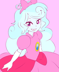 Size: 1280x1560 | Tagged: safe, artist:qsky, oc, oc only, oc:jemimasparkle, human, equestria girls, g4, clothes, cute, dress, evening gloves, female, gloves, gown, grin, hairband, long gloves, poofy shoulders, princess peach, puffy sleeves, smiling, solo, super mario bros.