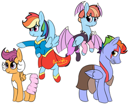 Size: 1000x812 | Tagged: safe, artist:flamirasplitz, bow hothoof, rainbow dash, scootaloo, windy whistles, pegasus, pony, g4, adopted, adopted daughter, adopted offspring, ballerina, clothes, cosplay, costume, darkstalkers, dc comics, dragon wings, family, fantasy class, father and child, father and daughter, female, filly, flying, foal, freckles, god of war, kratos, male, mare, morrigan aensland, mother and child, mother and daughter, parent:bow hothoof, parent:windy whistles, parents:windyhoof, princess tutu, scar, scootadoption, scootalove, scootarina, siblings, simple background, sisters, smiling, spread wings, stallion, supergirl, superhero, superhero costume, tutu, warrior, white background, wings