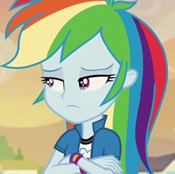 Size: 1152x1143 | Tagged: safe, edit, edited screencap, screencap, rainbow dash, human, equestria girls, g4, my little pony equestria girls: friendship games, clothes, cropped, crossed arms, crying, female, frown, sad, solo