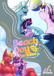 Size: 2481x3508 | Tagged: safe, artist:godlypoptart, artist:potato22, artist:testostepone, artist:tizhonolulu, big macintosh, starlight glimmer, sugar belle, trixie, twilight sparkle, pony, anthro, art pack:beach day paradise, g4, :p, advertisement, art pack, beach, beach ball, ocean, tongue out, water