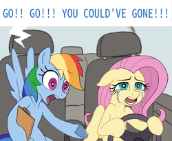 Size: 1998x1639 | Tagged: safe, artist:sunbusting, fluttershy, rainbow dash, pegasus, semi-anthro, g4, adorable distress, backseat driver, car, car interior, clipboard, crying, cute, dialogue, driving, duo, duo female, eyebrows, eyebrows visible through hair, female, floppy ears, go, hoof hold, human shoulders, mare, meme, open mouth, partially open wings, sitting, speech bubble, spread wings, stressed, text, wings, yelling