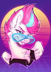 Size: 1240x1748 | Tagged: safe, artist:koffeemilk, zipp storm, pegasus, pony, g5, bust, chest fluff, commission, cyberpunk, female, fluffy, grid, mare, multicolored hair, multicolored mane, neon, outrun, retrowave, shutter shades, smiling, smug, solo, sternocleidomastoid, sun, sunglasses, synthwave, wings