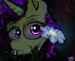 Size: 1100x900 | Tagged: safe, artist:lamimaster, oc, oc only, oc:dolores, pony, bust, eating, female, flower, gift art, grass, grazing, herbivore, horn, horses doing horse things, mare, moon, night, portrait, solo