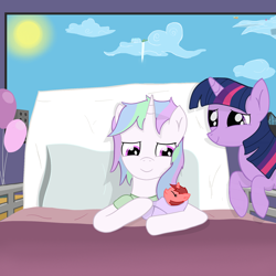 Size: 1796x1796 | Tagged: safe, artist:minecake, twilight sparkle, oc, oc:cake sparkle, oc:rose thorn, pony, unicorn, g4, baby, baby pony, balloon, bed, birthday, canon x oc, clothes, cloud, horn, hospital, hospital bed, hospital gown, implied lesbian, magical lesbian spawn, not celestia, offspring, parent and child, parent:cake sparkle, parent:twilight sparkle, sun, unicorn twilight