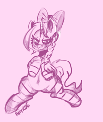 Size: 2480x2936 | Tagged: safe, artist:anykoe, oc, unicorn, clothes, female, horn, looking at you, monochrome, pigtails, ribbon, signature, simple background, sketch, socks, solo, unicorn oc