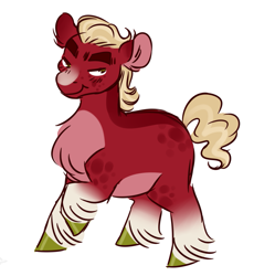 Size: 1111x1114 | Tagged: safe, artist:sparjechkaa, sprout cloverleaf, earth pony, pony, g5, alternate design, chubby, cute, eyebrows, headcanon, hoof fluff, lidded eyes, looking back, male, old art, raised hoof, red coat, smiling, solo, stallion, unshorn fetlocks