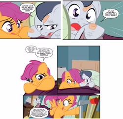 Size: 3878x3768 | Tagged: safe, artist:nicoletta baldari, idw, rumble, scootaloo, pegasus, pony, g4, spoiler:comic, spoiler:comic81, bandaid, bed, duo, duo male and female, female, hospital, hospital bed, injured, male, upset