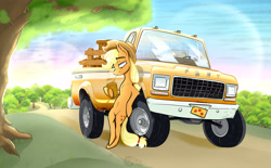 Size: 7680x4752 | Tagged: safe, artist:bumskuchen, applejack, earth pony, pony, g4, absurd resolution, apple, apple tree, belly, belly button, car, farm truck, ford, solo, sunset, tree, vehicle