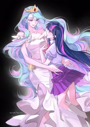 Size: 1462x2048 | Tagged: safe, artist:jiao, kotobukiya, princess celestia, twilight sparkle, human, g4, black background, clothes, crown, dress, duo, embrace, equestria girls outfit, humanized, jewelry, kotobukiya princess celestia, looking at each other, looking at someone, regalia, simple background