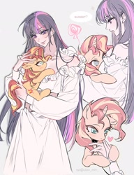 Size: 1574x2048 | Tagged: safe, artist:jiao, sunset shimmer, twilight sparkle, human, pony, unicorn, g4, boob smothering, choker, clothes, collar, dress, female, holding a pony, horn, humanized, interspecies, lesbian, licking, mare, ship:sunsetsparkle, shipping, shoulderless, simple background, small pony, smothering, studded choker, swirly eyes, tongue out, white background