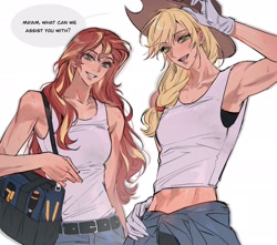 Size: 2048x1812 | Tagged: safe, artist:jiao, applejack, sunset shimmer, human, g4, bag, clothes, denim, duo, gloves, humanized, jeans, offscreen character, pants, simple background, speech bubble, sweat, tank top, tools, white background