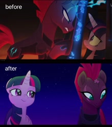 Size: 1798x2048 | Tagged: safe, edit, edited screencap, part of a set, screencap, tempest shadow, twilight sparkle, alicorn, pony, unicorn, g4, my little pony: the movie, duo, duo female, female, horn, lesbian, mare, ship:tempestlight, shipping, twilight sparkle (alicorn)