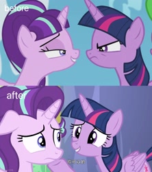 Size: 1818x2048 | Tagged: safe, edit, edited screencap, part of a set, screencap, starlight glimmer, twilight sparkle, alicorn, pony, unicorn, g4, my little pony: friendship is magic, the cutie re-mark, chinese, duo, duo female, female, horn, lesbian, mare, ship:twistarlight, shipping, twilight sparkle (alicorn)