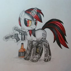 Size: 918x918 | Tagged: safe, artist:enjaadjital, oc, oc only, oc:blackjack, pony, unicorn, fallout equestria, fallout equestria: project horizons, alcohol, amputee, colored pencil drawing, colored sclera, cybernetic legs, cyrillic, drink, fanfic art, female, glowing, glowing horn, gray background, gun, handgun, horn, level 2 (project horizons), looking at something, magic, mare, pipbuck, pistol, prosthetic eye, prosthetic leg, prosthetic limb, prosthetics, simple background, solo, telekinesis, traditional art, unicorn oc, weapon, whiskey, yellow eyes