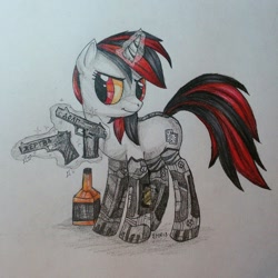 Size: 918x918 | Tagged: safe, artist:dethscript, oc, oc only, oc:blackjack, pony, unicorn, fallout equestria, fallout equestria: project horizons, alcohol, amputee, colored pencil drawing, colored sclera, cybernetic legs, cyrillic, drink, fanfic art, female, glowing, glowing horn, gray background, gun, handgun, horn, level 2 (project horizons), looking at something, magic, mare, pipbuck, pistol, prosthetic eye, prosthetic leg, prosthetic limb, prosthetics, red eyes, simple background, solo, telekinesis, traditional art, unicorn oc, weapon, whiskey, yellow eyes