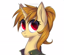 Size: 2300x2000 | Tagged: safe, artist:dethscript, oc, oc only, oc:katya ironstead, alicorn, pony, alicorn oc, bust, clothes, female, horn, jacket, looking up, mare, portrait, red eyes, simple background, solo, white background, wings