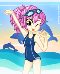 Size: 2015x2490 | Tagged: safe, artist:rjp.rammy, oc, oc only, oc:miya, equestria girls, g4, clothes, female, one eye closed, one-piece swimsuit, slender, solo, sukumizu, swimsuit, thin, tongue out, wink