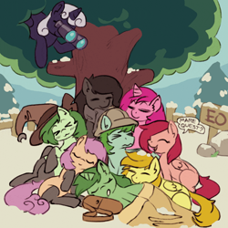 Size: 2000x2000 | Tagged: artist needed, safe, oc, oc only, oc:limeade, oc:mare mare, earth pony, pegasus, pony, unicorn, album cover, binoculars, clothes, eyes closed, female, hat, high res, horn, mare, marequest, pony pile, socks, tree, witch hat