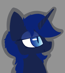 Size: 605x679 | Tagged: safe, artist:castafae, oc, oc only, oc:midnight, alicorn, pony, bootleg, bust, female, gray background, lidded eyes, mare, messy mane, simple background, slit pupils, solo