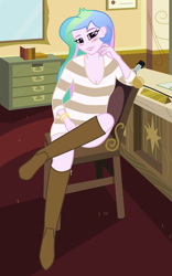 Size: 3125x5000 | Tagged: safe, artist:moogood, princess celestia, principal celestia, human, equestria girls, g4, blushing, boots, bracelet, breasts, canterlot high, celestia's office, cleavage, clothes, complex background, dress, female, hand on chin, high heel boots, high res, jewelry, looking at you, office, png, raised leg, shoes, short dress, sitting, smiling, smiling at you, solo, striped dress, vector, wristband