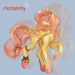 Size: 1280x1280 | Tagged: safe, artist:cyanideee, fluttershy, pegasus, pony, g4, bangles, bow, colored background, feathered wings, female, hair bow, headcanon, hidden eyes, long legs, pegasus wings, pink hooves, pink mane, pink tail, raised hoof, solo, tail, wings, yellow coat, zoom layer